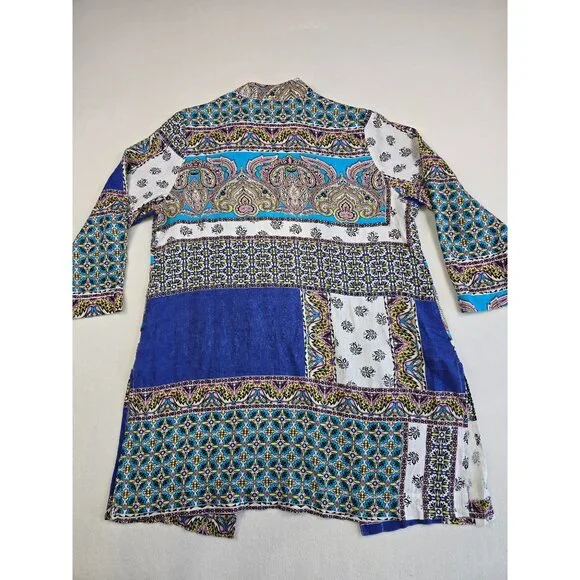 Chicos Patchwork Open-Front Linen Jacket Duster Cardigan Size 1 Medium - Picture 4 of 5
